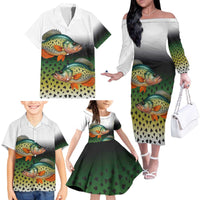 Colorful Crappie Fishing Green Scales Family Matching Off The Shoulder Long Sleeve Dress and Hawaiian Shirt Gradient Camo Pattern and Custom Name Fishing - Wonder Print Shop