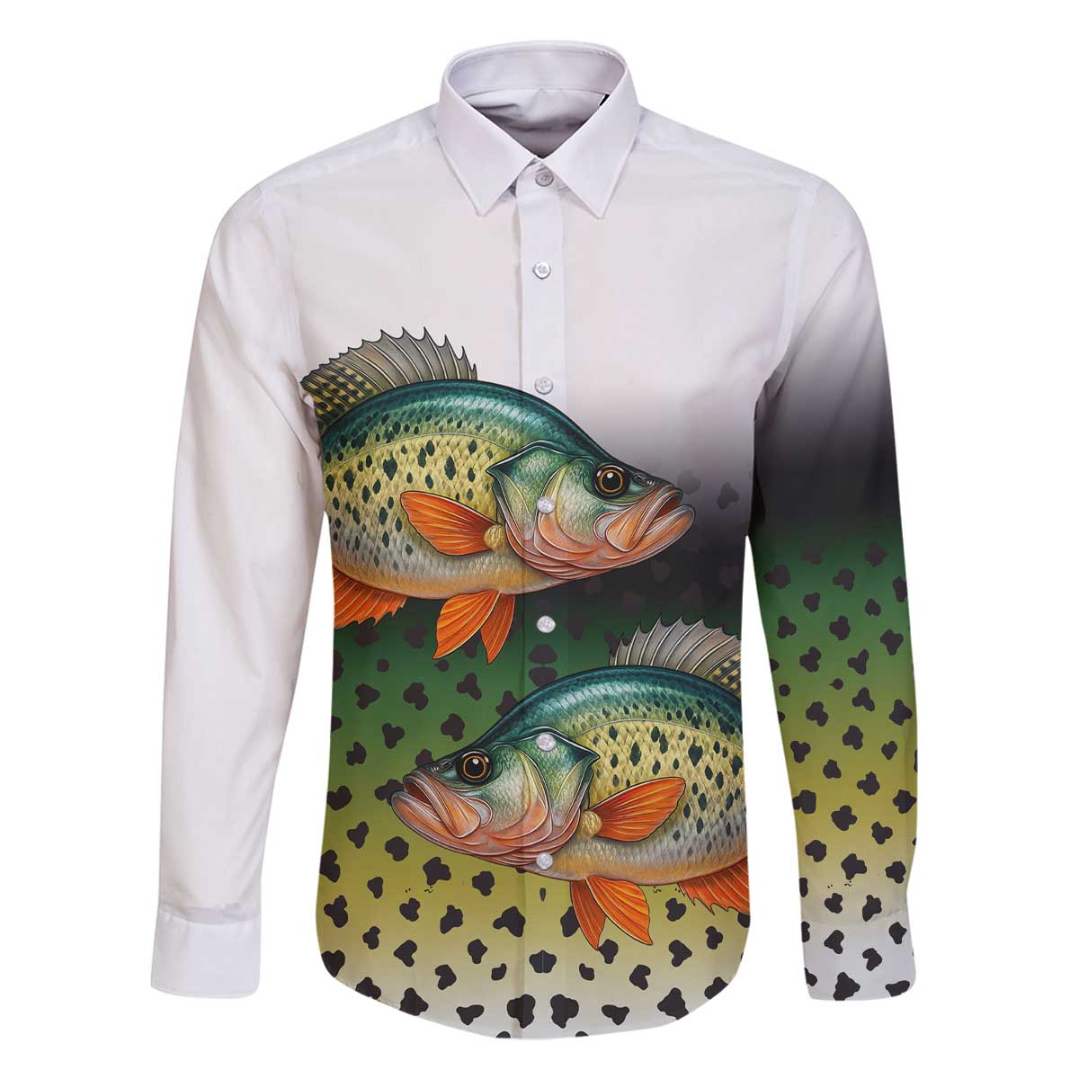 Colorful Crappie Fishing Green Scales Family Matching Off The Shoulder Long Sleeve Dress and Hawaiian Shirt Gradient Camo Pattern and Custom Name Fishing - Wonder Print Shop