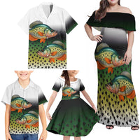 Colorful Crappie Fishing Green Scales Family Matching Off Shoulder Maxi Dress and Hawaiian Shirt Gradient Camo Pattern and Custom Name Fishing - Wonder Print Shop