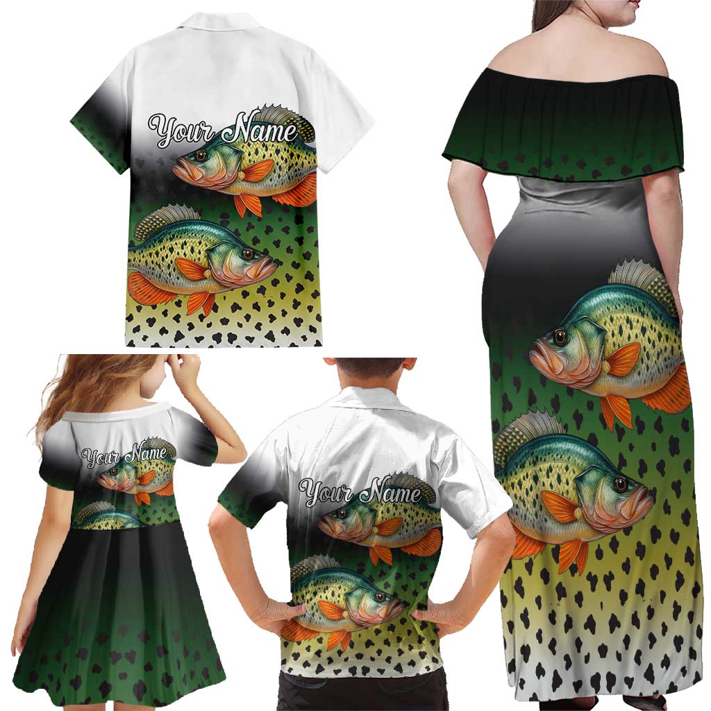 Colorful Crappie Fishing Green Scales Family Matching Off Shoulder Maxi Dress and Hawaiian Shirt Gradient Camo Pattern and Custom Name Fishing - Wonder Print Shop