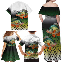 Colorful Crappie Fishing Green Scales Family Matching Off Shoulder Maxi Dress and Hawaiian Shirt Gradient Camo Pattern and Custom Name Fishing - Wonder Print Shop