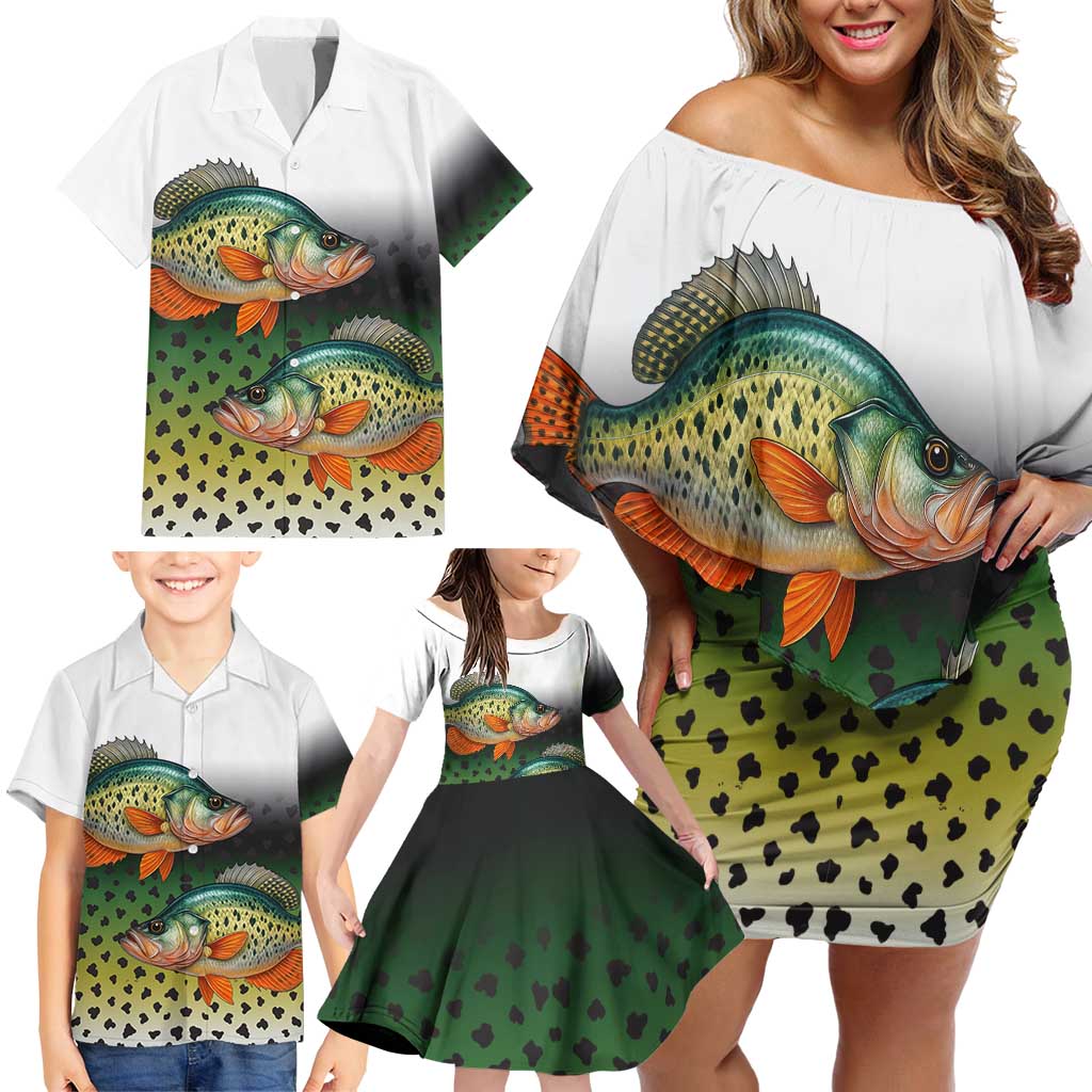 Colorful Crappie Fishing Green Scales Family Matching Off Shoulder Short Dress and Hawaiian Shirt Gradient Camo Pattern and Custom Name Fishing - Wonder Print Shop