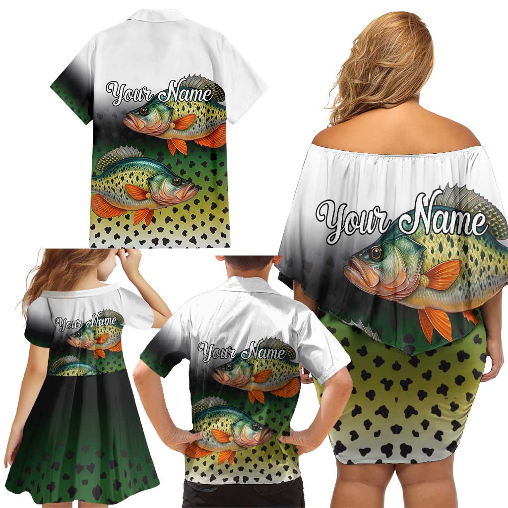 Colorful Crappie Fishing Green Scales Family Matching Off Shoulder Short Dress and Hawaiian Shirt Gradient Camo Pattern and Custom Name Fishing - Wonder Print Shop