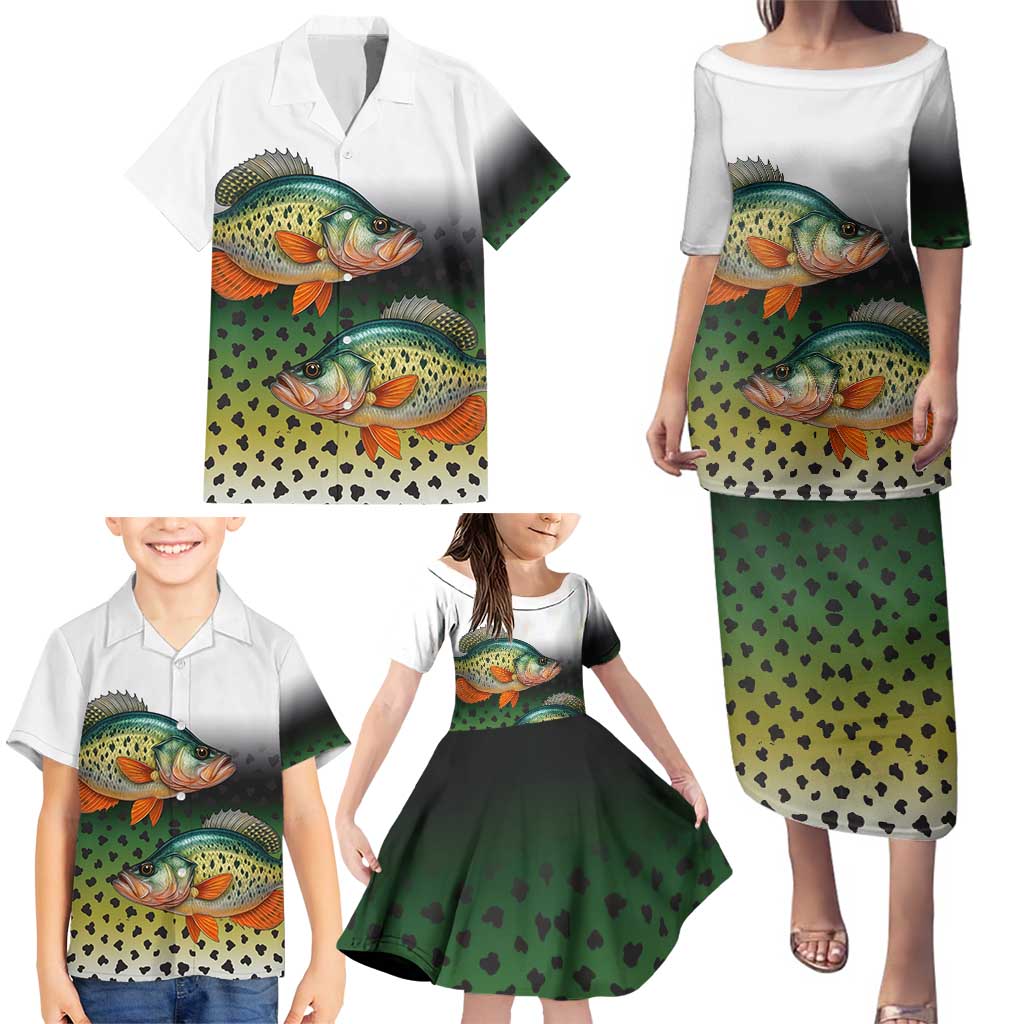 Colorful Crappie Fishing Green Scales Family Matching Puletasi and Hawaiian Shirt Gradient Camo Pattern and Custom Name Fishing - Wonder Print Shop