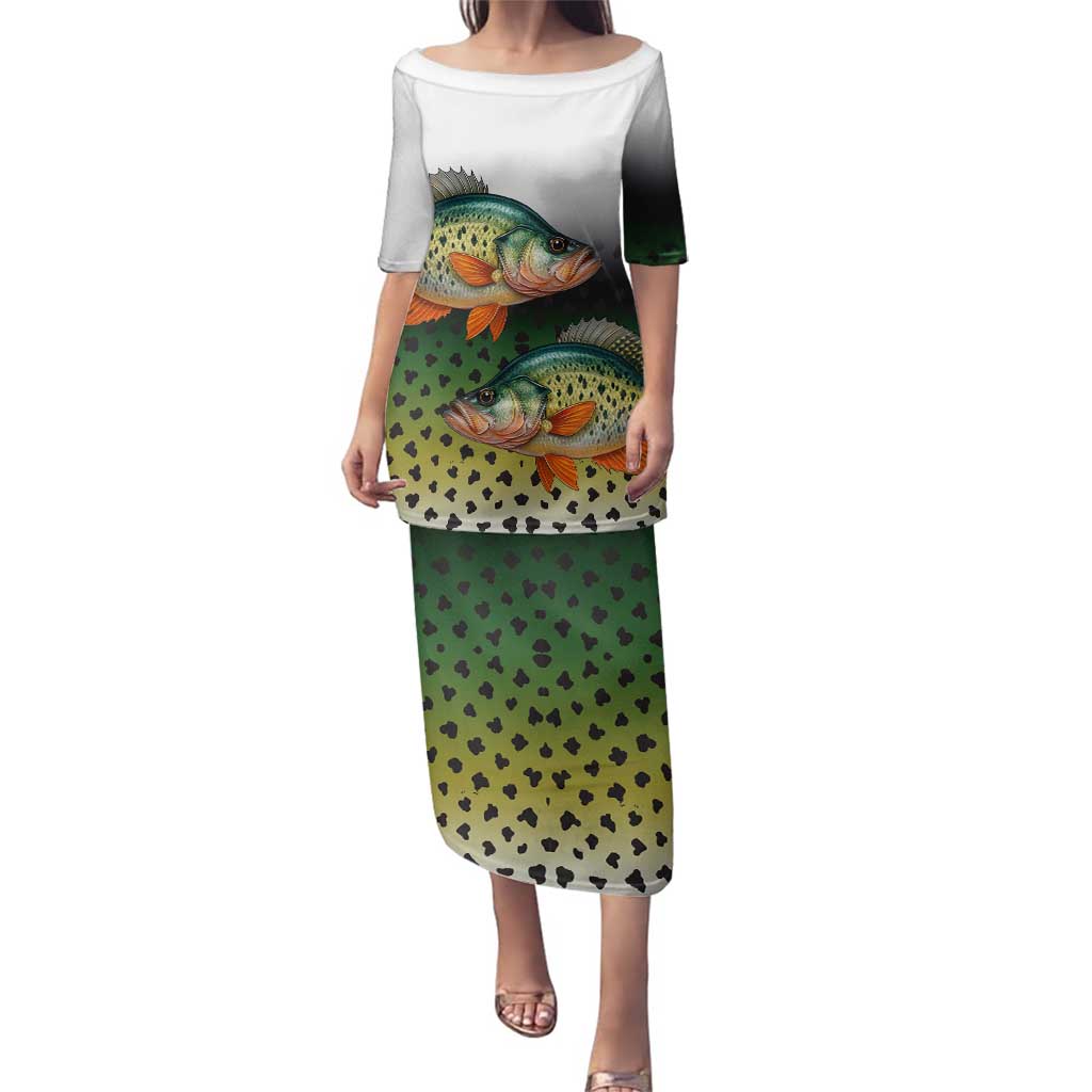 Colorful Crappie Fishing Green Scales Family Matching Puletasi and Hawaiian Shirt Gradient Camo Pattern and Custom Name Fishing - Wonder Print Shop