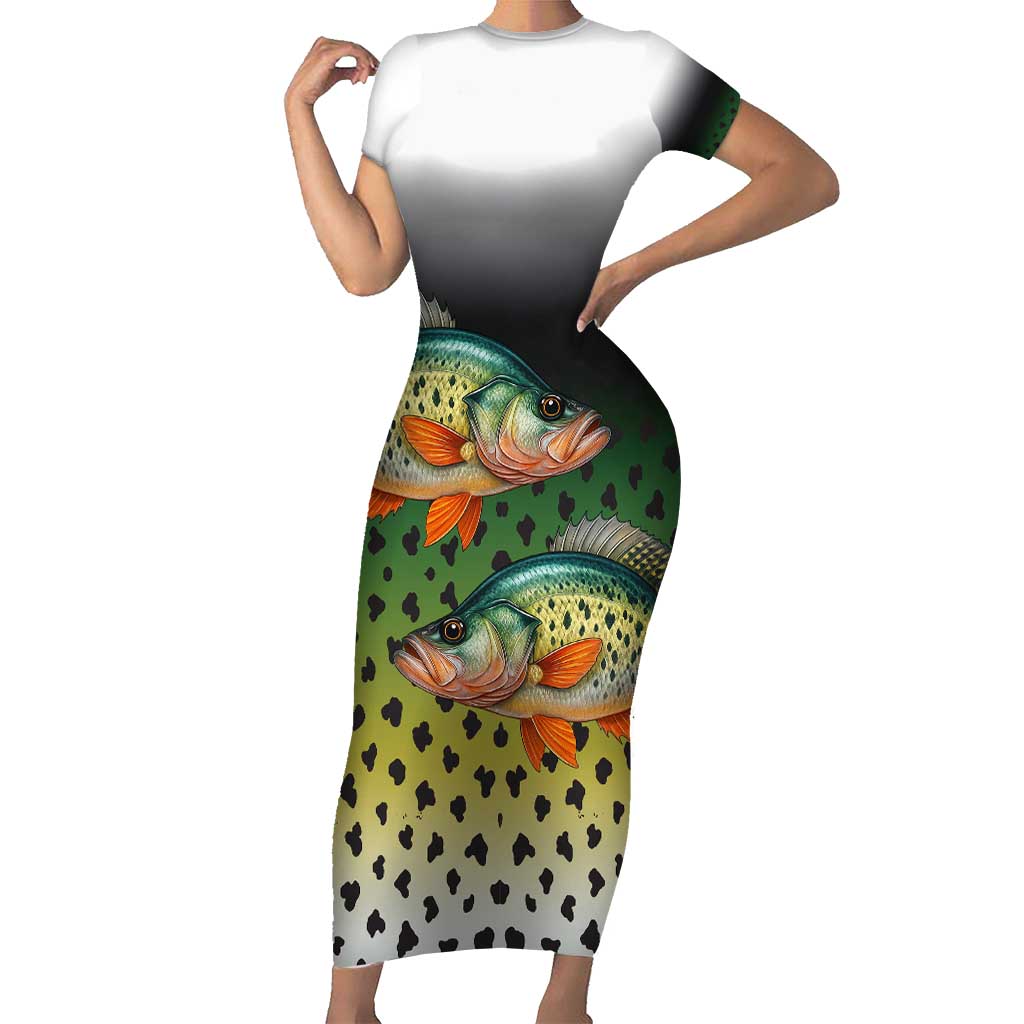 Colorful Crappie Fishing Green Scales Family Matching Short Sleeve Bodycon Dress and Hawaiian Shirt Gradient Camo Pattern and Custom Name Fishing - Wonder Print Shop