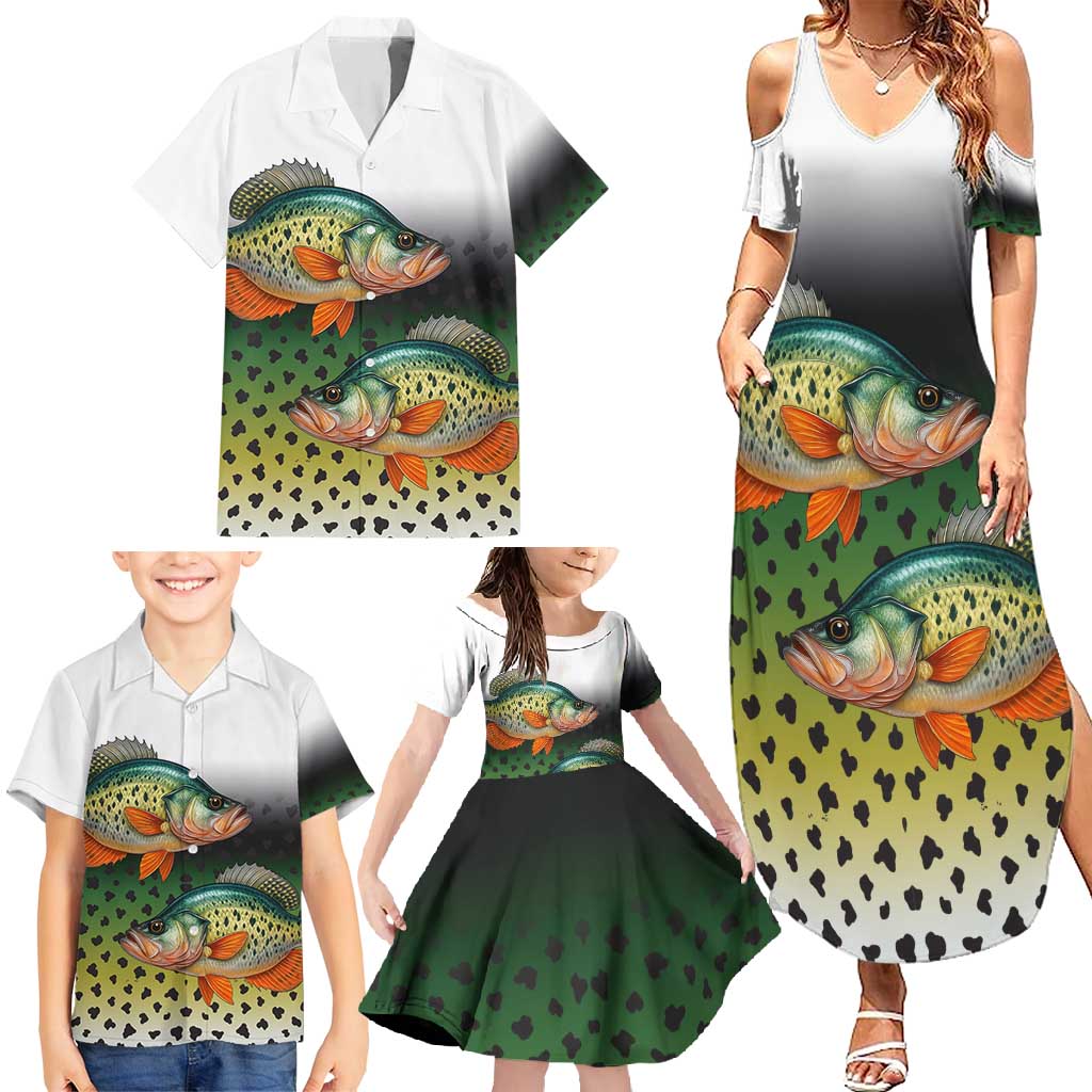 Colorful Crappie Fishing Green Scales Family Matching Summer Maxi Dress and Hawaiian Shirt Gradient Camo Pattern and Custom Name Fishing - Wonder Print Shop