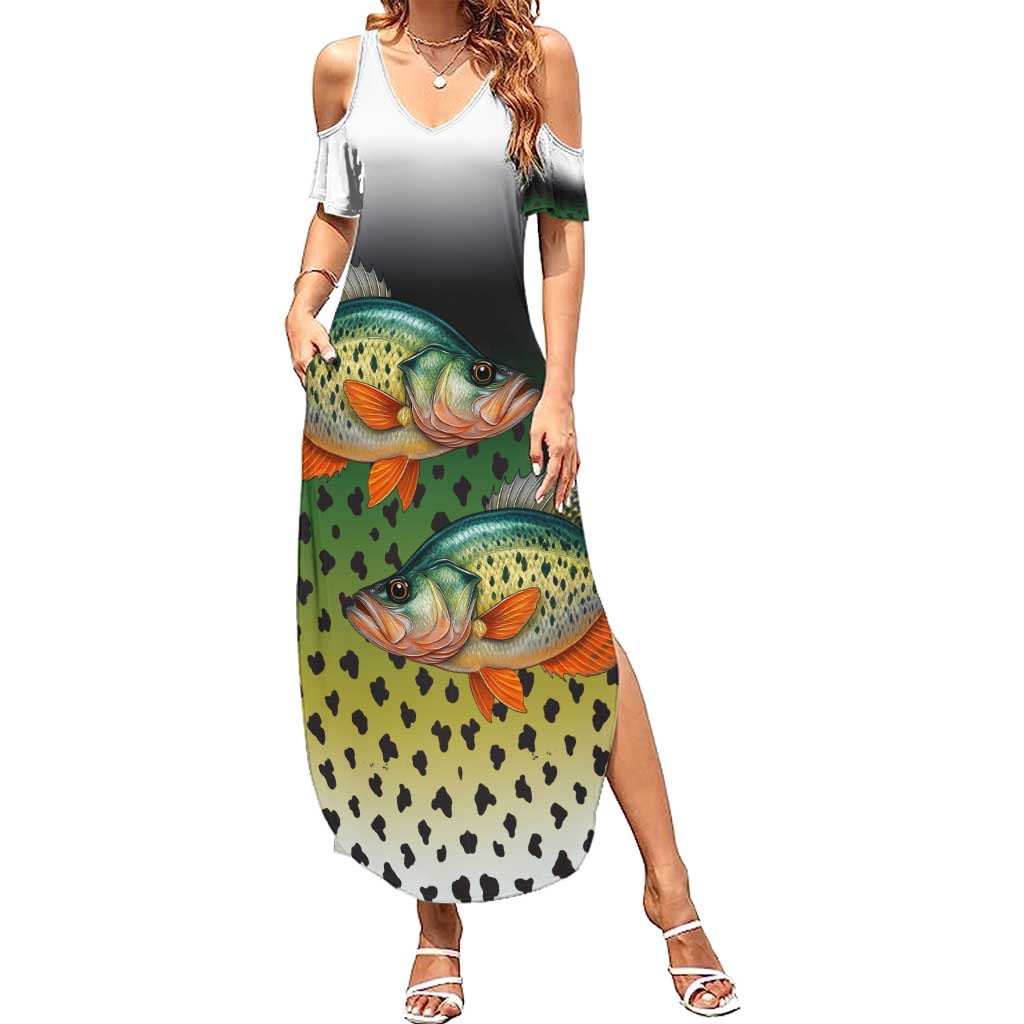 Colorful Crappie Fishing Green Scales Family Matching Summer Maxi Dress and Hawaiian Shirt Gradient Camo Pattern and Custom Name Fishing - Wonder Print Shop