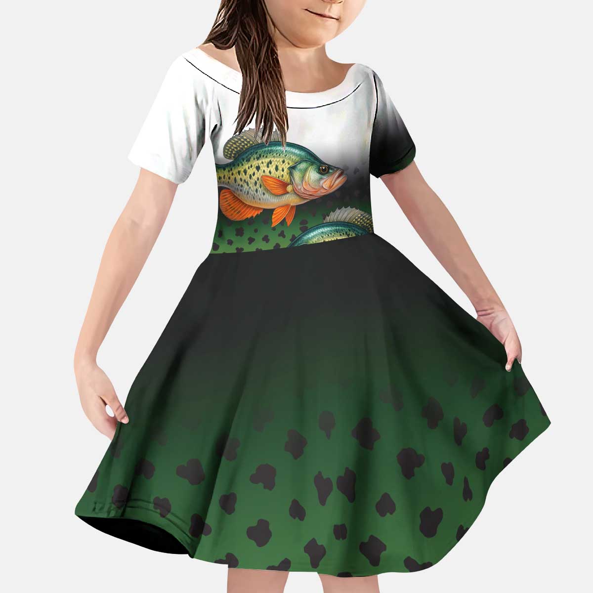 Colorful Crappie Fishing Green Scales Kid Short Sleeve Dress Gradient Camo Pattern and Custom Name Fishing - Wonder Print Shop