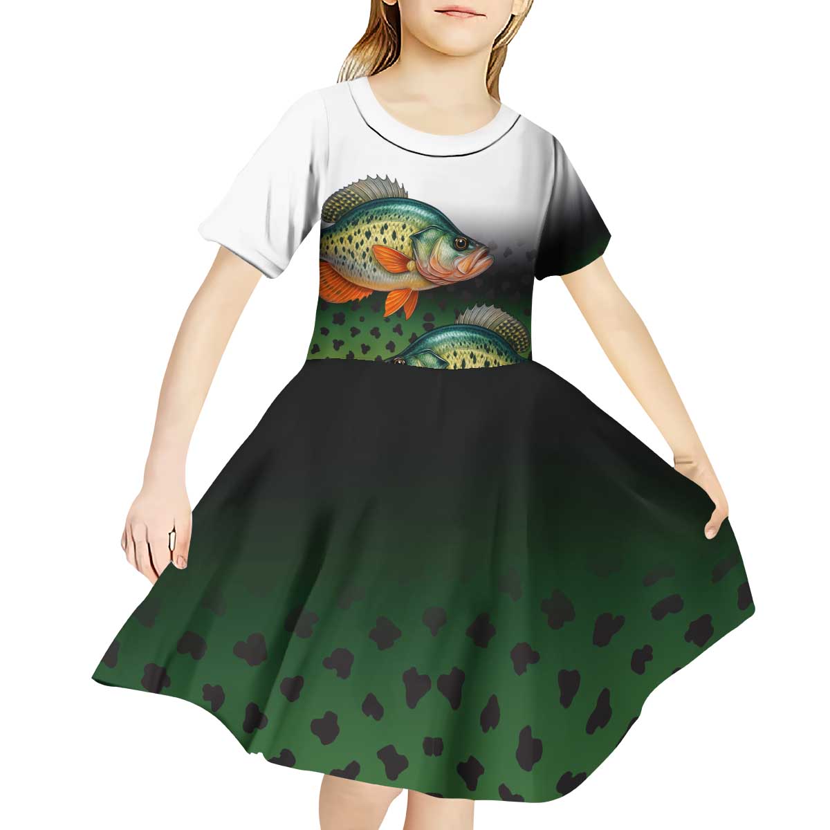 Colorful Crappie Fishing Green Scales Kid Short Sleeve Dress Gradient Camo Pattern and Custom Name Fishing - Wonder Print Shop