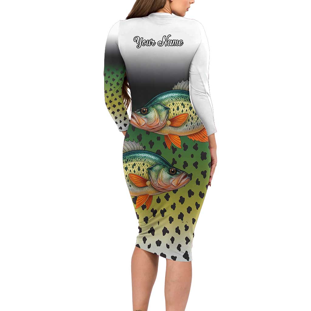 Colorful Crappie Fishing Green Scales Long Sleeve Bodycon Dress Gradient Camo Pattern and Custom Name Fishing - Wonder Print Shop