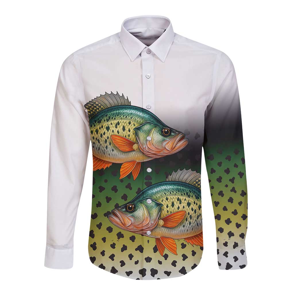 Colorful Crappie Fishing Green Scales Long Sleeve Button Shirt Gradient Camo Pattern and Custom Name Fishing - Wonder Print Shop