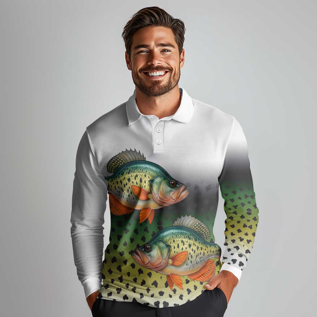 Colorful Crappie Fishing Green Scales Long Sleeve Polo Shirt Gradient Camo Pattern and Custom Name Fishing - Wonder Print Shop