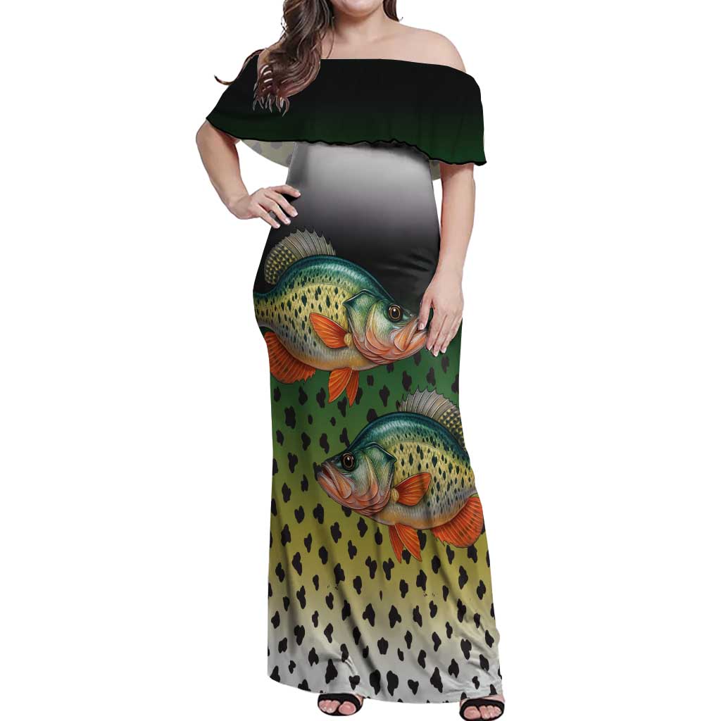 Colorful Crappie Fishing Green Scales Off Shoulder Maxi Dress Gradient Camo Pattern and Custom Name Fishing - Wonder Print Shop