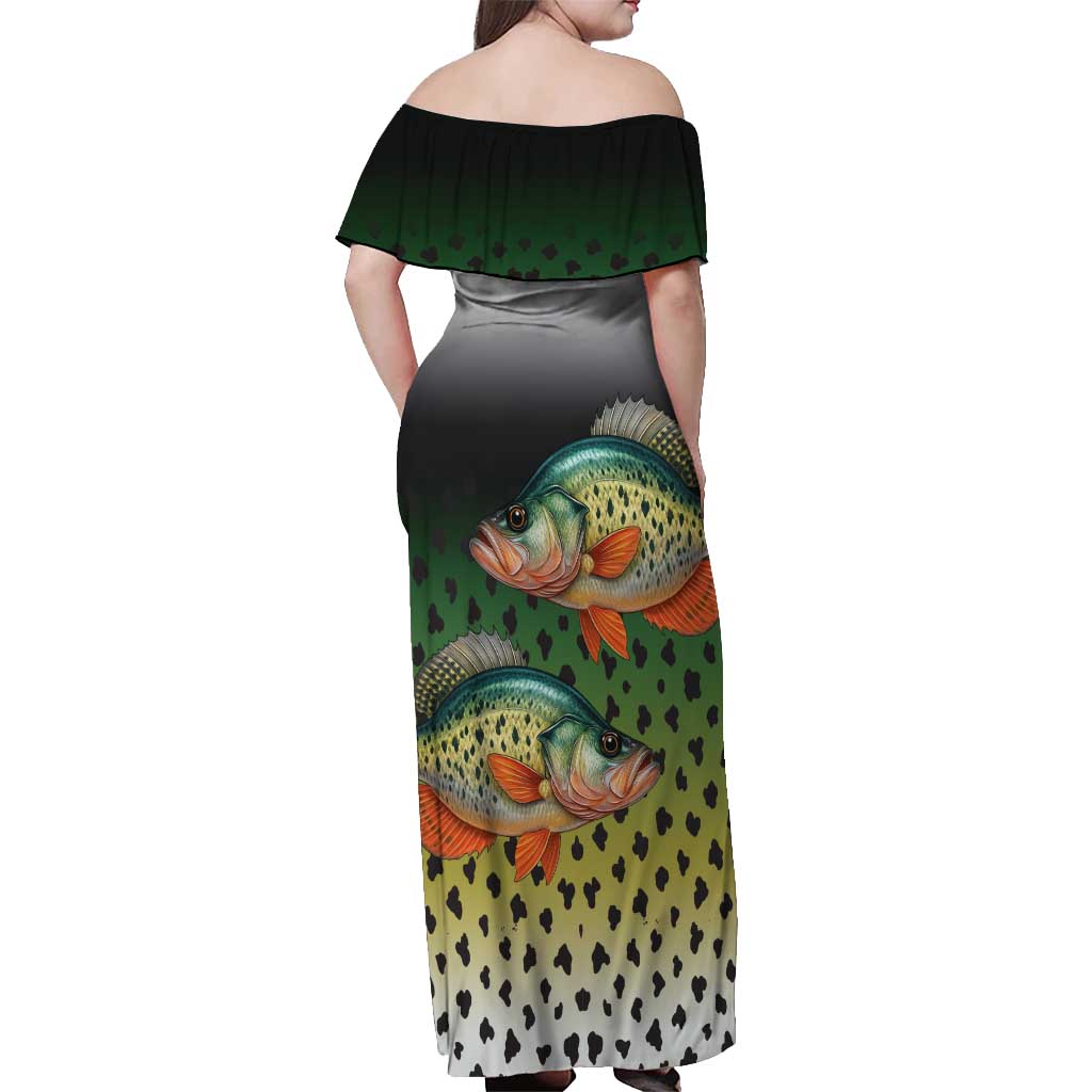 Colorful Crappie Fishing Green Scales Off Shoulder Maxi Dress Gradient Camo Pattern and Custom Name Fishing - Wonder Print Shop