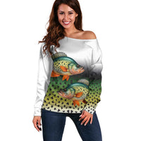 Colorful Crappie Fishing Green Scales Off Shoulder Sweater Gradient Camo Pattern and Custom Name Fishing - Wonder Print Shop