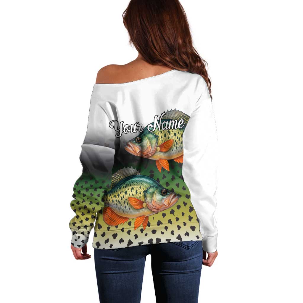Colorful Crappie Fishing Green Scales Off Shoulder Sweater Gradient Camo Pattern and Custom Name Fishing - Wonder Print Shop