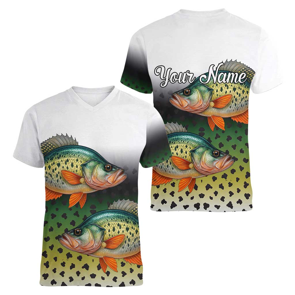 Colorful Crappie Fishing Green Scales Women V-Neck T-Shirt Gradient Camo Pattern and Custom Name Fishing - Wonder Print Shop