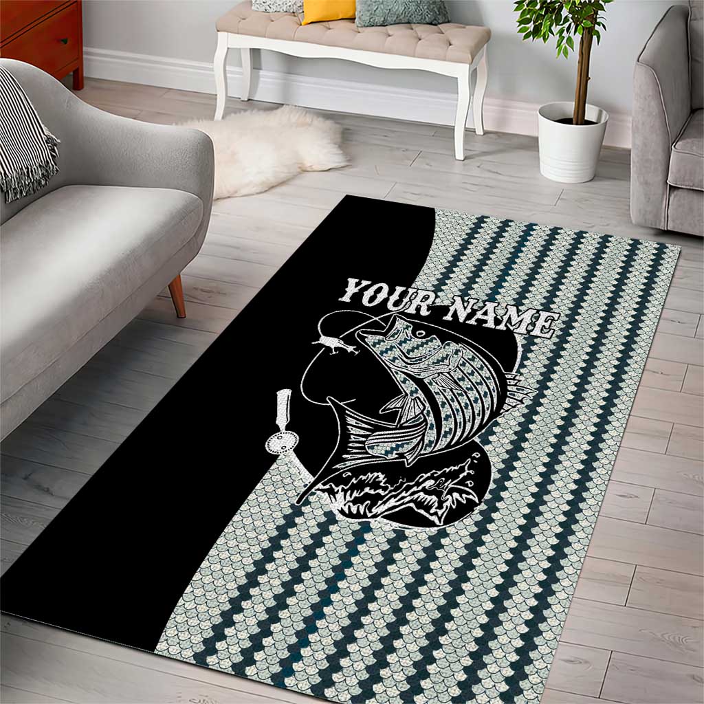 Striped Bass Jumping Graphic Area Rug Rod Reel and Airplane on Fish Scale Pattern - Wonder Print Shop