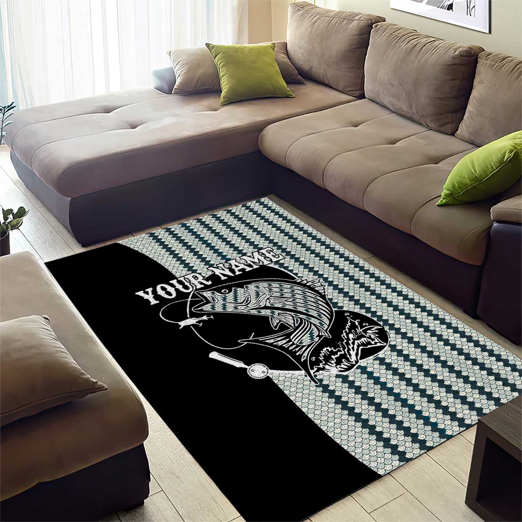Striped Bass Jumping Graphic Area Rug Rod Reel and Airplane on Fish Scale Pattern - Wonder Print Shop