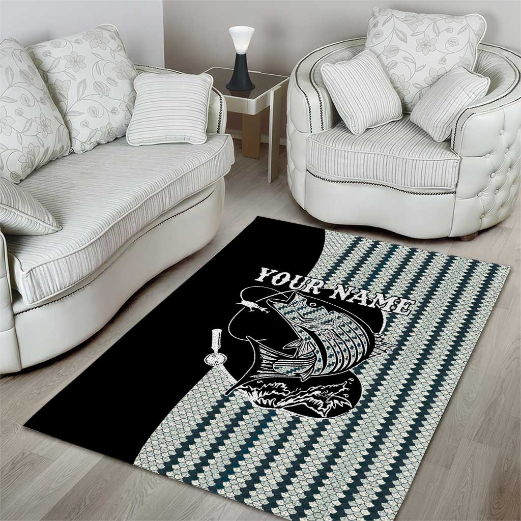 Striped Bass Jumping Graphic Area Rug Rod Reel and Airplane on Fish Scale Pattern - Wonder Print Shop