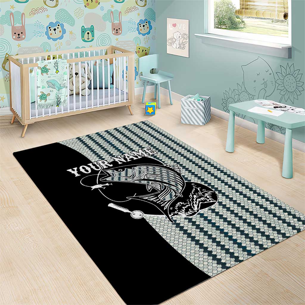 Striped Bass Jumping Graphic Area Rug Rod Reel and Airplane on Fish Scale Pattern - Wonder Print Shop