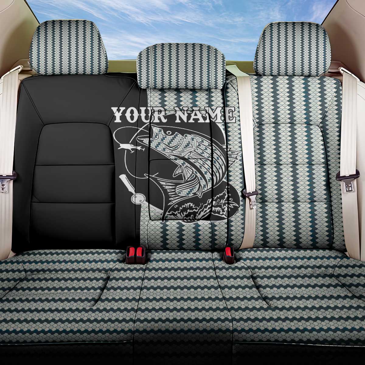 Striped Bass Jumping Graphic Back Car Seat Cover Rod Reel and Airplane on Fish Scale Pattern - Wonder Print Shop