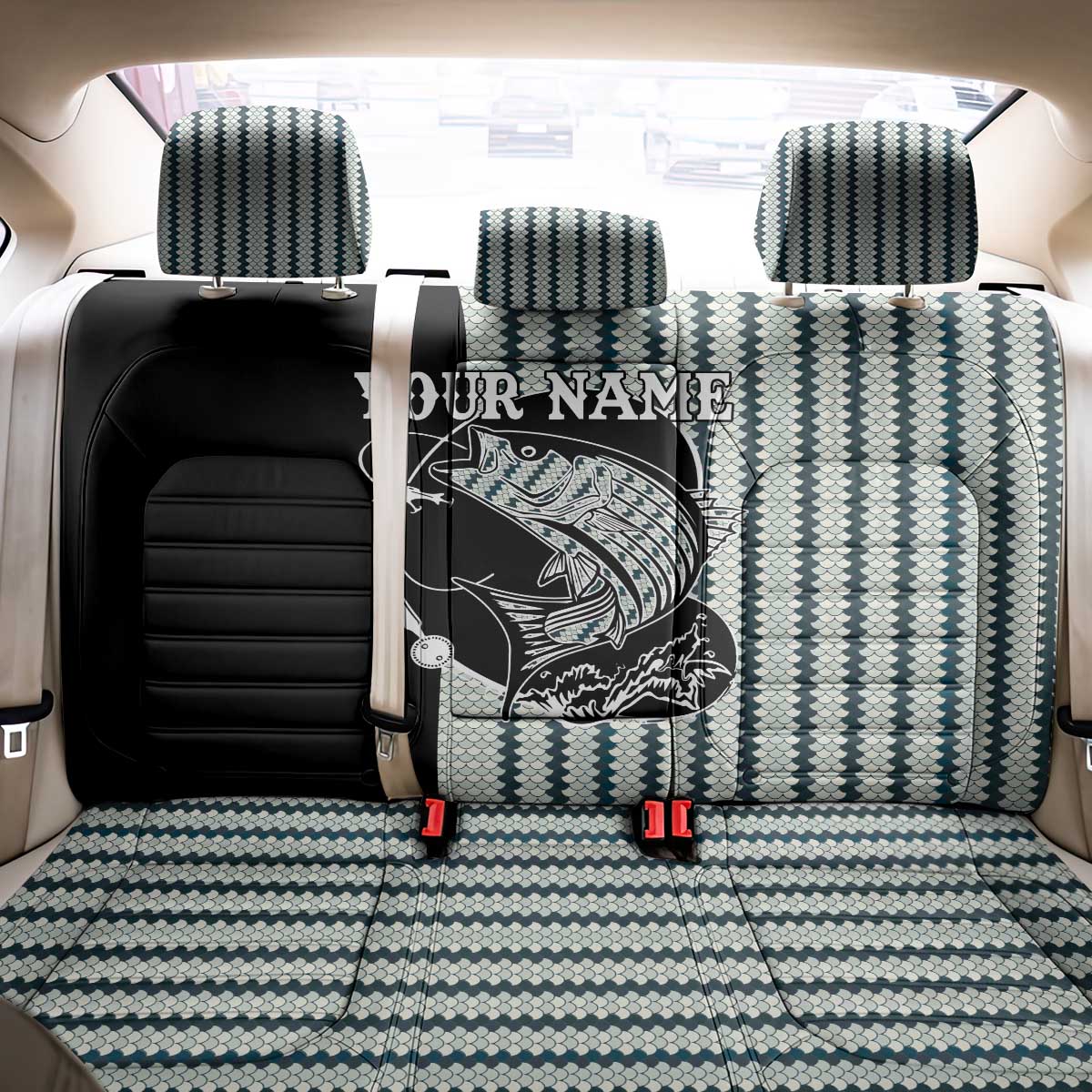Striped Bass Jumping Graphic Back Car Seat Cover Rod Reel and Airplane on Fish Scale Pattern - Wonder Print Shop