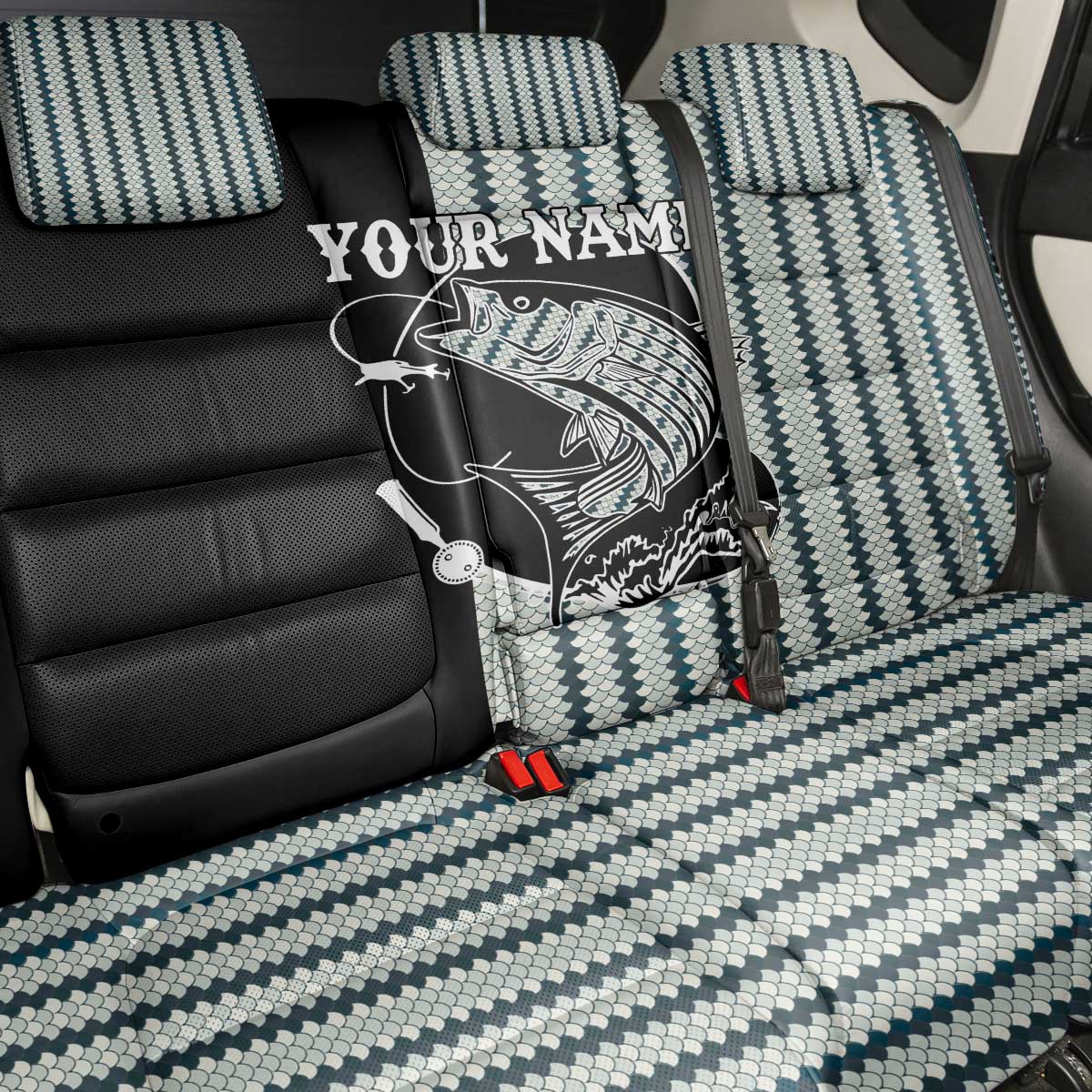 Striped Bass Jumping Graphic Back Car Seat Cover Rod Reel and Airplane on Fish Scale Pattern - Wonder Print Shop