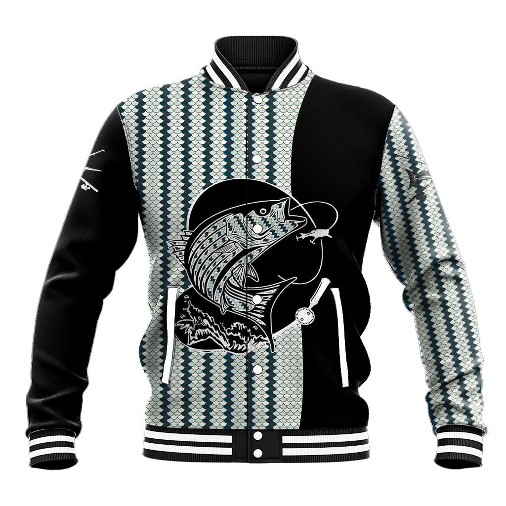 Striped Bass Jumping Graphic Baseball Jacket Rod Reel and Airplane on Fish Scale Pattern - Wonder Print Shop