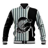 Striped Bass Jumping Graphic Baseball Jacket Rod Reel and Airplane on Fish Scale Pattern - Wonder Print Shop
