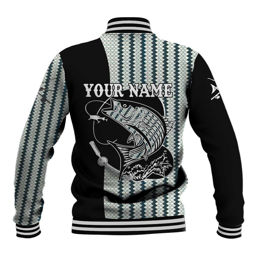 Striped Bass Jumping Graphic Baseball Jacket Rod Reel and Airplane on Fish Scale Pattern - Wonder Print Shop