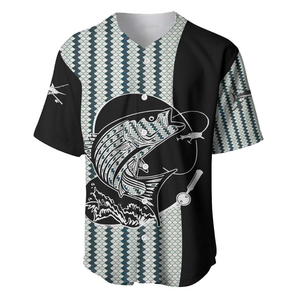 Striped Bass Jumping Graphic Baseball Jersey Rod Reel and Airplane on Fish Scale Pattern - Wonder Print Shop