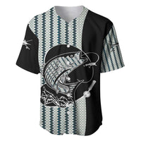 Striped Bass Jumping Graphic Baseball Jersey Rod Reel and Airplane on Fish Scale Pattern - Wonder Print Shop