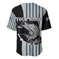 Striped Bass Jumping Graphic Baseball Jersey Rod Reel and Airplane on Fish Scale Pattern - Wonder Print Shop