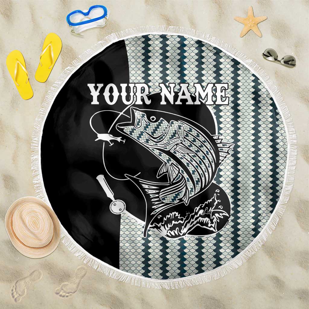 Striped Bass Jumping Graphic Beach Blanket Rod Reel and Airplane on Fish Scale Pattern - Wonder Print Shop
