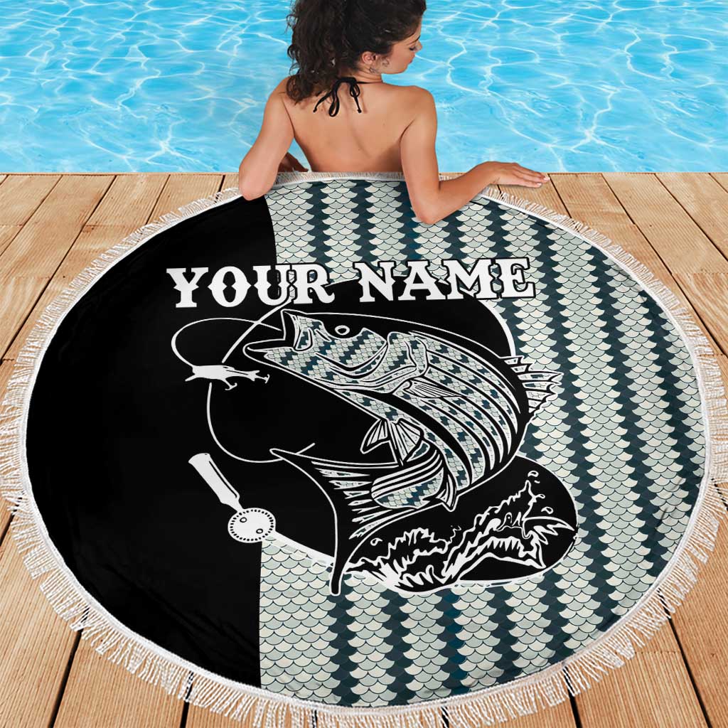 Striped Bass Jumping Graphic Beach Blanket Rod Reel and Airplane on Fish Scale Pattern - Wonder Print Shop