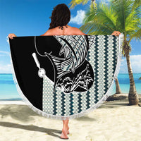 Striped Bass Jumping Graphic Beach Blanket Rod Reel and Airplane on Fish Scale Pattern - Wonder Print Shop