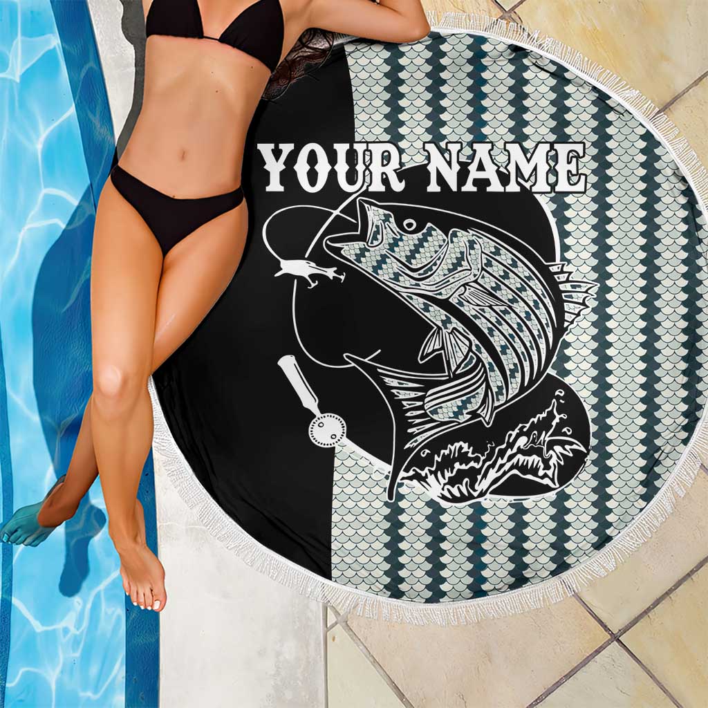 Striped Bass Jumping Graphic Beach Blanket Rod Reel and Airplane on Fish Scale Pattern - Wonder Print Shop