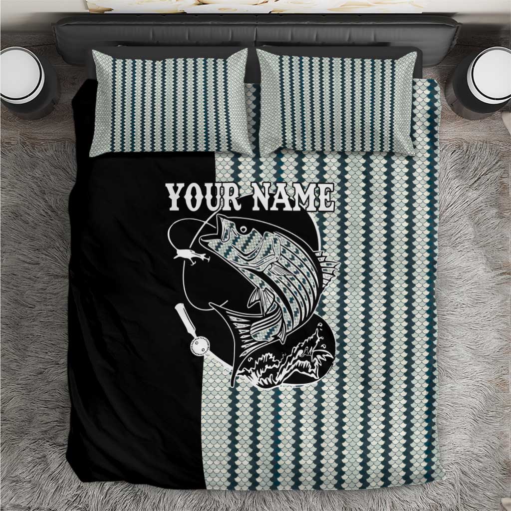 Striped Bass Jumping Graphic Bedding Set Rod Reel and Airplane on Fish Scale Pattern - Wonder Print Shop