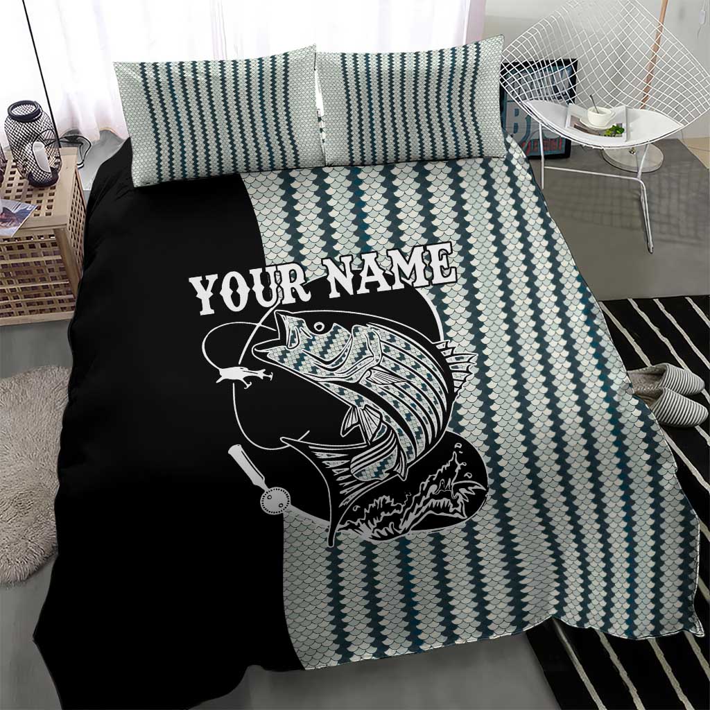 Striped Bass Jumping Graphic Bedding Set Rod Reel and Airplane on Fish Scale Pattern - Wonder Print Shop