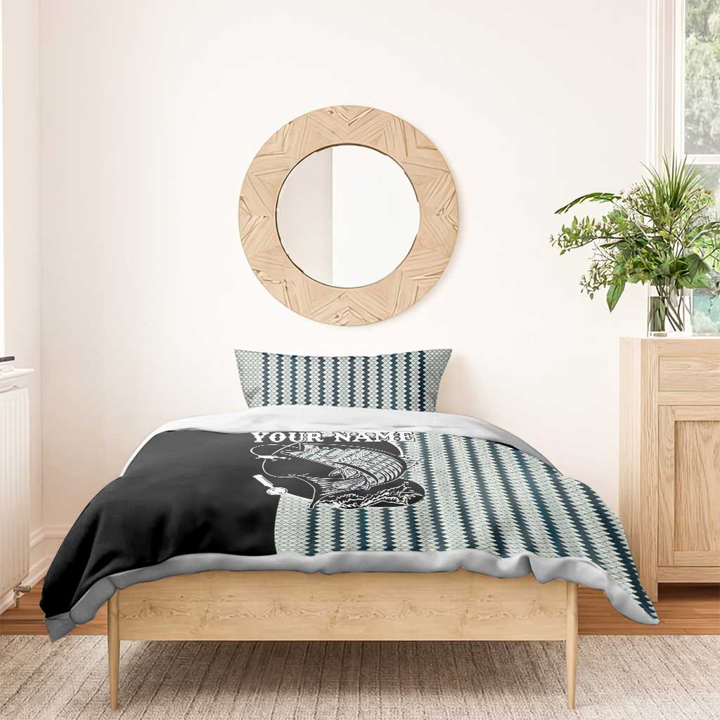Striped Bass Jumping Graphic Bedding Set Rod Reel and Airplane on Fish Scale Pattern - Wonder Print Shop