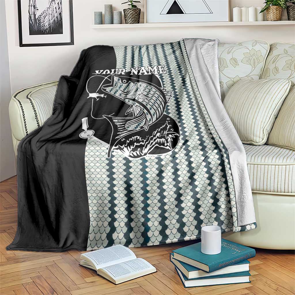 Striped Bass Jumping Graphic Blanket Rod Reel and Airplane on Fish Scale Pattern - Wonder Print Shop