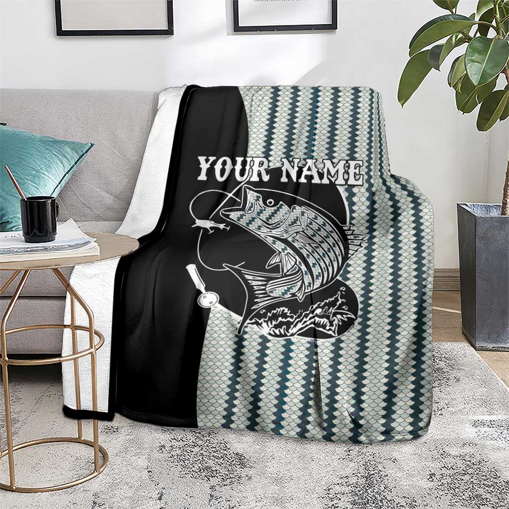 Striped Bass Jumping Graphic Blanket Rod Reel and Airplane on Fish Scale Pattern - Wonder Print Shop