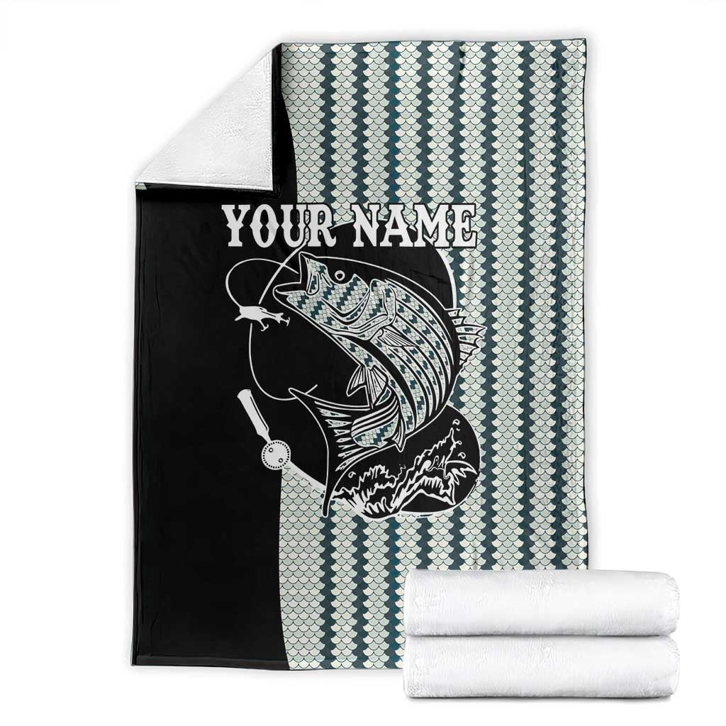 Striped Bass Jumping Graphic Blanket Rod Reel and Airplane on Fish Scale Pattern - Wonder Print Shop