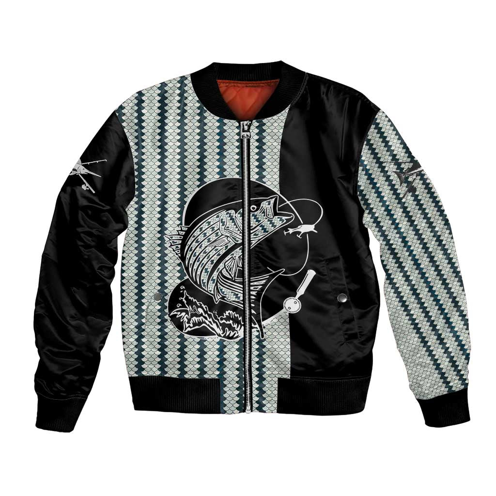 Striped Bass Jumping Graphic Bomber Jacket Rod Reel and Airplane on Fish Scale Pattern - Wonder Print Shop