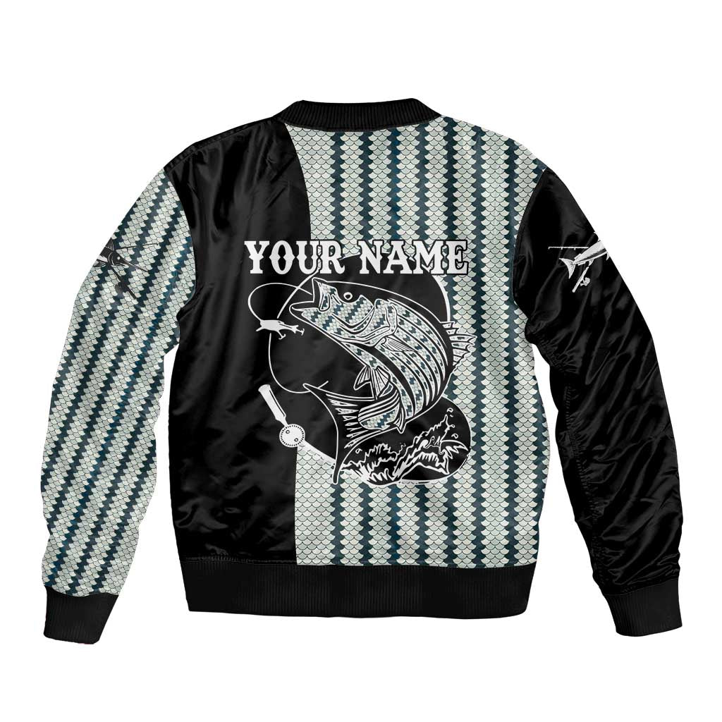 Striped Bass Jumping Graphic Bomber Jacket Rod Reel and Airplane on Fish Scale Pattern - Wonder Print Shop