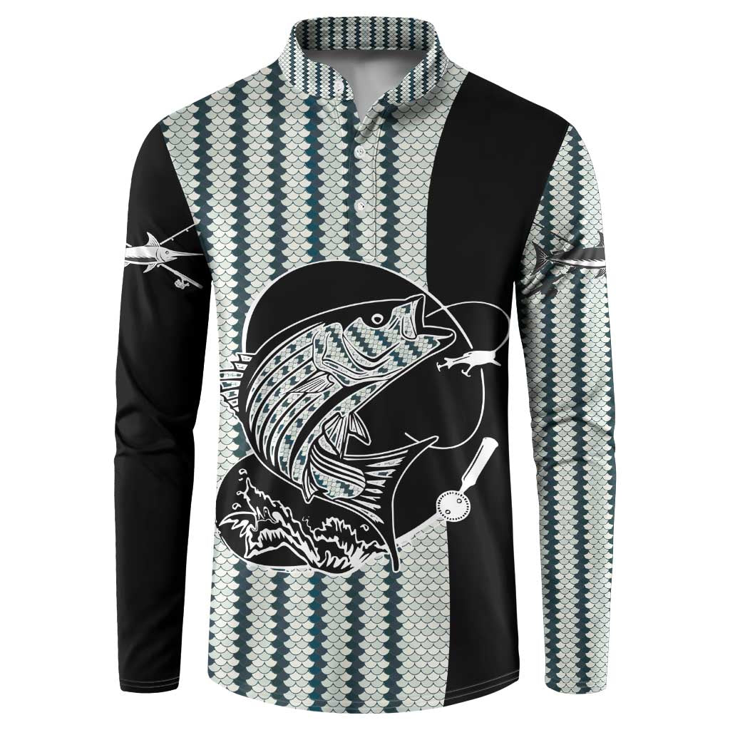 Striped Bass Jumping Graphic Button Sweatshirt Rod Reel and Airplane on Fish Scale Pattern - Wonder Print Shop