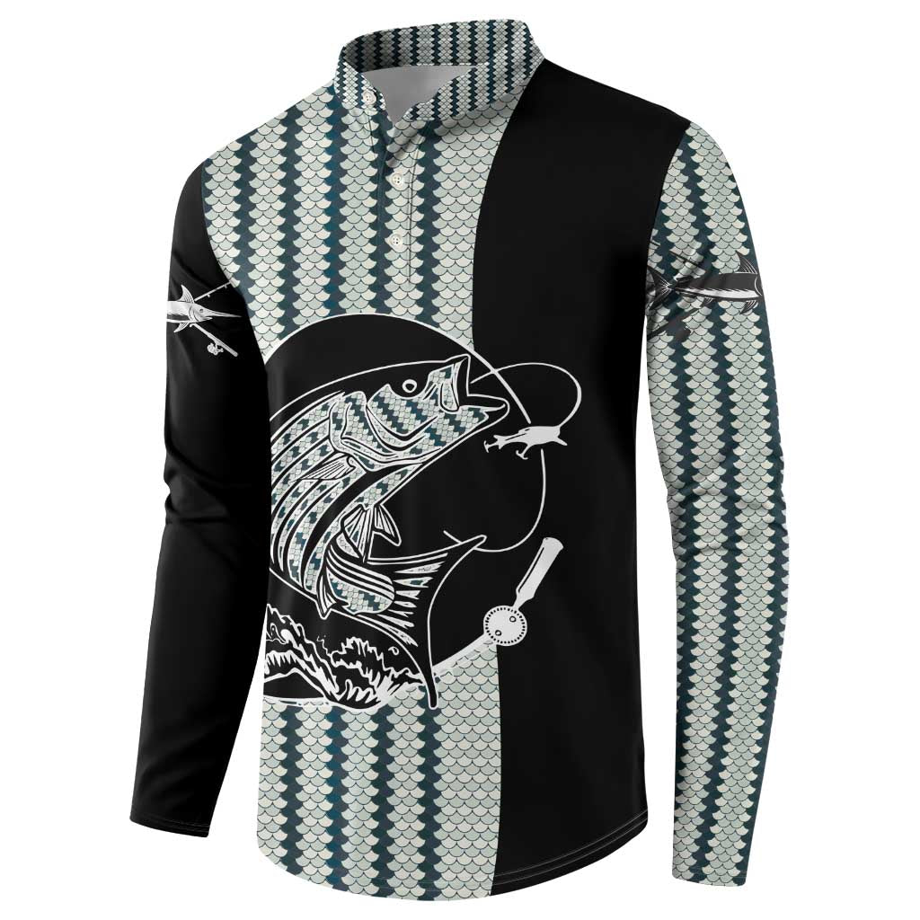 Striped Bass Jumping Graphic Button Sweatshirt Rod Reel and Airplane on Fish Scale Pattern - Wonder Print Shop