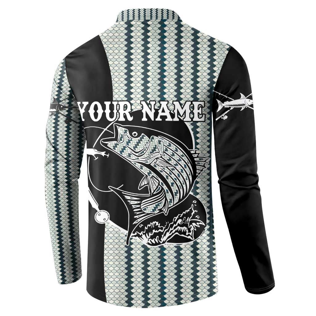 Striped Bass Jumping Graphic Button Sweatshirt Rod Reel and Airplane on Fish Scale Pattern - Wonder Print Shop